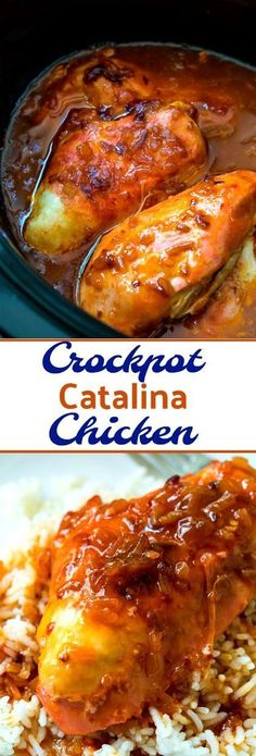 two pictures of chicken and rice with the words crockpot catalina chicken