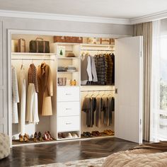 an open closet with clothes and shoes hanging on the wall, next to a bed