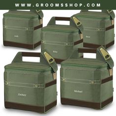 four green coolers with brown handles and labels on them