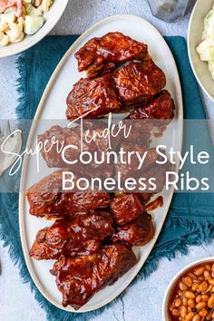 some meat and beans on a plate with the words super tender country style boneless ribs