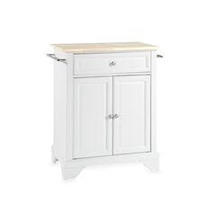 a white cabinet with two doors and one drawer on the bottom, in front of a white background