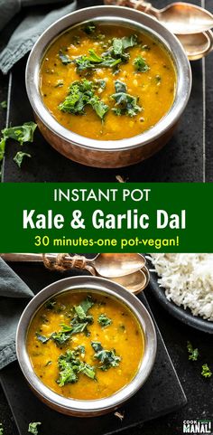 instant pot kale and garlic dali in two bowls with spoons on the side