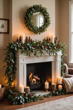 a fireplace decorated with greenery and candles