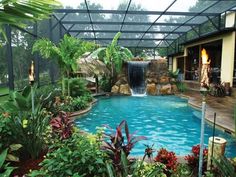 an outdoor swimming pool surrounded by tropical plants