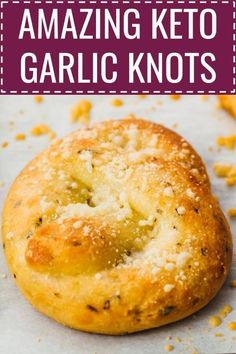 an image of garlic knots with text overlay reading amazing keto garlic knots