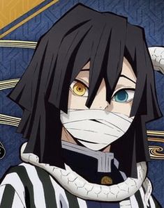 an anime character with black hair and blue eyes wearing a white mask on his face