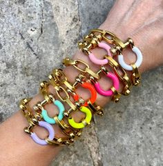 These bracelets are perfect as a stand-alone statement or for mixing in with your personal collection. I've been making them since 2020! Over that substantial time period, the clasp colors vary, sell out, etc. so I decided it was time for a new listing.  Please note sizing info, below.  The beautiful, gold filled  enamel focal piece is a strong, well-made working clasp--clasp bar unscrews to thread link end to fasten. Now offered in black, purple and light blue. Please note that the mint green i Acrylic Bracelet, Rainbow Bracelet, Chunky Bracelets, Clasp Bracelet, Dope Jewelry, Genuine Turquoise, Bracelet Clasps, Lightning Bolt, Gold Plated Chains