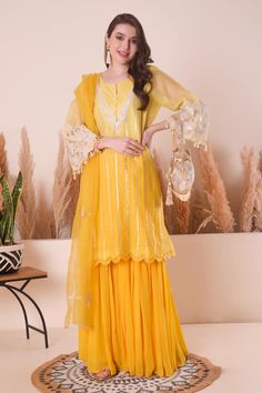 Yellow kurta with zari, gota, thread embroidery and pearl embellishment. Paired with pleated sharara and dupatta. - Aza Fashions Brightness Aesthetic, Yellow Kurta, Pearl Embellishment, Sharara Set, Thread Embroidery, Festival Dress, Red Carpet Looks, Trendy Dresses, Set For Women