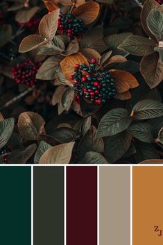 the color palette is brown, green and red with berries on it's leaves