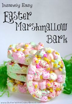 the instructions to make marshmallow bark for easter cakes and desserts are shown