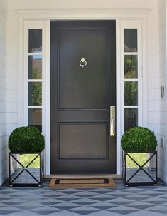 two potted plants are sitting on the front porch steps next to a black door