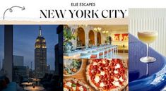 the new york city skyline is shown in this collage with images of pizzas and drinks