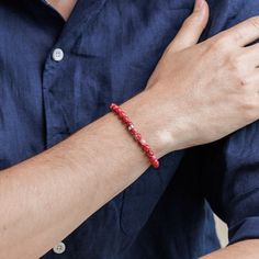 Give the perfect Father's Day gift that will never be forgotten and cherished forever. Celebrate those who give them stability and strength with this stylish Red Imperial Jasper Engravable Bead Bracelet. Handcrafted and made with natural materials, lively beads line up along Italian waxed string with beautiful 14k recycled gold or 925 Sterling Silver engravable beads nestled in between. Engrave up to three engravable beads with the names of those you cherish most to add a special touch making th Imperial Jasper, Sterling Silver Mens, Red Jasper, Recycled Gold, Silver Man, Sterling Silver Bead, Bead Bracelet, Silver Beads, Natural Materials