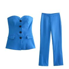 Strapless Vest & Pant Set - Mack & Harvie Chic Stretch Office Sets, Sleeveless Blue Sets For Workwear, Fitted Strapless Pantsuit For Formal Occasions, Fitted Strapless Formal Pantsuit, Strapless Fitted Formal Pantsuit, Elegant Fitted Strapless Pantsuit, Elegant Strapless Fitted Pantsuit, Fitted Sleeveless Pantsuit For Office, Chic Fitted Strapless Pantsuit