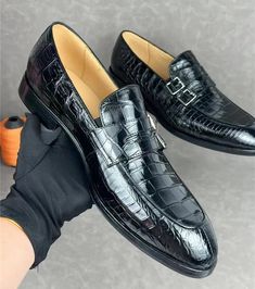 Elevate your look with these splendid loafers. Crafted from genuine crocodile skin, they feature a sleek pointed toe and a buckle strap closure for added sophistication. With a full-grain leather insole and rubber outsole, they ensure both comfort and durability, making them ideal for office wear. Step up your style game and add a touch of luxury to your ensemble with these exquisite loafers.SpecificationsBrand Name: GeraldBlack Shoes Type: Casual BusinessOrigin: Mainland ChinaUpper Material: Crocodile SkinPattern Type: SolidModel Number: LKC-0561Insole Material: Full Grain LeatherFit: Fits true to size, take your normal sizeLining Material: Genuine LeatherLining-Genuine Leather Type: Cow LeatherClosure Type: Buckle StrapSeason: Spring/AutumnDepartment Name: AdultOccasion: Office & CareerT Formal Fitted Loafers With Crocodile Pattern, Business Dress Shoes With Crocodile Pattern, Fitted Crocodile Pattern Loafers For Business, Business Slip-on Monk Strap Shoes With Crocodile Pattern, Business Monk Strap Slip-on Shoes With Crocodile Pattern, Business Crocodile Pattern Slip-on Monk Strap Shoes, Business Crocodile Pattern Monk Strap Slip-on Shoes, Elegant Black Dress Shoes With Crocodile Pattern, Semi-formal Black Leather Shoes With Crocodile Pattern