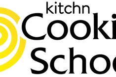 the kitchen cooking school logo is shown in black and yellow, with swirls on it