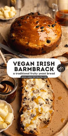 a loaf of vegan irish bread with butter and raisins on the side