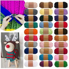 various colors of yarn and knitting needles with the image of an animal wearing a knitted sweater