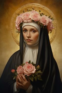 a painting of a nun holding roses in her hands