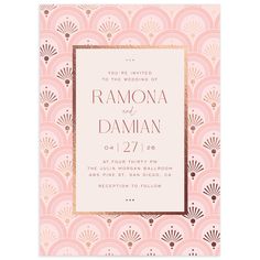 a pink and gold wedding card with an art deco design