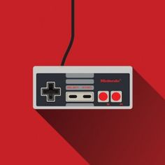 an old nintendo game controller with a long shadow on the wall above it, in front of a red background