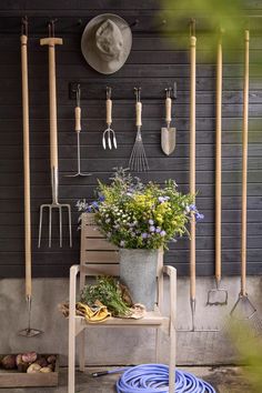 a potted plant sitting on top of a wooden chair in front of a wall