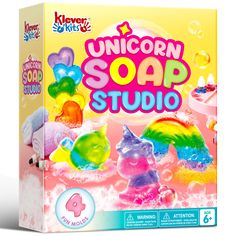 the unicorn soap studio box contains four different types of soap, including one for children