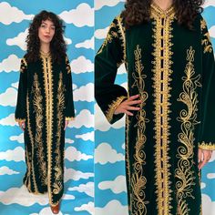 Stunning Turkish Ottoman velvet Kaftan/Robe in the most beautiful shade of jewel tone green with bright gold embroidery throughout. Garment is fully lined and in great vintage condition with some slight fraying on a couple buttons (see pictures). All measurements are taken laying flat and doubled where appropriate:  Bust - 40" Waist - 43" Hip -44" Shoulder to Cuff - 22" Pit to Cuff -17.5 Length (shoulder to hem) - 54.5" All items are carefully inspected and measured so please be sure to read des Green Kaftan For Wedding And Festivals, Green Wedding Kaftan, Green Kaftan For Festivals With Traditional Drape, Green Kaftan For Festive Traditional Ceremonies, Green Kaftan For Traditional Ceremonies And Festive Occasions, Green Bollywood Kaftan For Festivals, Green Kaftan For Eid And Traditional Ceremonies, Embroidered Green Kaftan For Festivals, Long Green Festive Kaftan