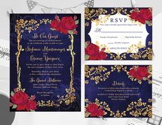 a wedding card with roses on it and gold trimmings around the edges, is shown