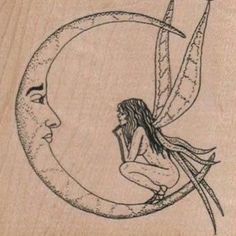 a drawing of a woman sitting on the moon