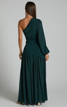 Grittah Midaxi Dress - One Shoulder Bishop Sleeve High Split Ruched Dress in Emerald | Showpo USA Green Formal Dresses Long, Emerald Green Long Dress, Formal Dresses Long Sleeve, Green Long Dress, Blue Green Dress, Green Formal Dresses, Long Green Dress, One Sleeve Dress, Formal Dresses With Sleeves