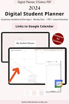 the digital student planner is shown with an arrow pointing up to it's left side