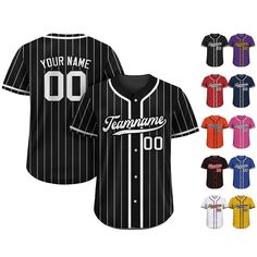 Pinstripe Custom Baseball Jersey is a stylish and functional piece that ensuring a comfortable fit for groups, individuals, couples, teams, or anyone who loves Baseball fashionable and sporty vibe. From casual outings to intense gameplay, this baseball jersey always guarantees both style and performance. If you have any other design ideas, or any changes to the jersey details, simply share an image and we will create a visual representation for you to confirm. ⚾FEATURES - Personalized team name, Striped Baseball Jersey With Letter Print And Baseball Collar, Team Hoodie Design Ideas, Customizable Sporty Black Baseball Jersey, Black Contrast Stripes Sports Top, Black Contrast Stripes Top For College, Black Tops With Contrast Stripes For College, Striped Baseball Jersey With Team Name For Sports, Striped Baseball Jersey With Collar, Striped Cotton Baseball Jersey For Sports