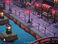 an animated city scene with street lights and lanterns