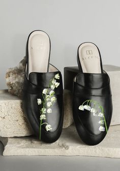 Lily Mule | Over The Moon Winter Gold, Black Mule, Shoes Trends, Black Lotus, Hand Painted Leather, S Monogram, Footwear Collection, Shoe Art, Gold Snake