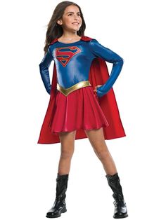 Up, up and away this Halloween with the Supergirl TV Show Child Costume. Included in the set is a dress, gold belt and removable red cape. The dress has a red skirt, blue bodice and a large S logo on top. Finally, after years out of the spotlight, Supergirl has her own TV show. This officially licensed outfit is designed to look like the one worn by Melissa Benoist in the show. Kara Zor-El arrived on earth much later than expected. She was supposed to care for her cousin Kal-El, but while she wa Supergirl Halloween, Supergirl Halloween Costume, Comic Costume, Supergirl Costume, Red And Blue Dress, Gold House, Supergirl Tv, Dc Comics Girls, Super Girls