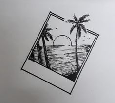 a drawing of palm trees and the ocean