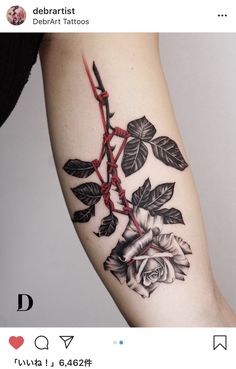 a black and white rose tattoo on the right arm, with red barbed wire around it