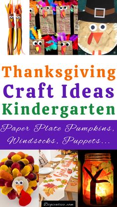 thanksgiving craft ideas for kids that include paper plates, pumpkins, and turkeys