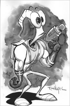 a black and white drawing of a cartoon character holding a screwdriver in his right hand