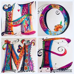 four pictures of the letter e, decorated with flowers and paisley designs on white paper