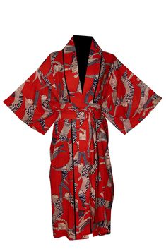 The fabric is easy to clean and easy to wear. The soft cotton, gentle material and luxurious drape, whether you're lounging or layering, this kimono cover up will make you feel like a queen. With a loose swing shape for an easy, flowy fit makes this robe extremely comfortable and elegant to wear. The print covers the entire front and back panel and is piped in a lovely contrast colour. Use the belt included with the dress if you prefer a more fitted look. Our kimono comes in 4 sizes and 3 length Cotton Kimono With Kimono Sleeves For Loungewear, Cotton Sleep Kimono With Kimono Sleeves, Cotton Kimono With Kimono Sleeves For Sleep, Summer Cotton Sleep Kimono, Summer Sleepwear Kimono With Prints, Relaxed Cotton Kimono For Daywear, Relaxed Fit Cotton Kimono For Daywear, Long Cotton Kimono For Loungewear, Bohemian Red Cotton Kimono