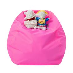 two stuffed animals sitting in a pink bean bag chair