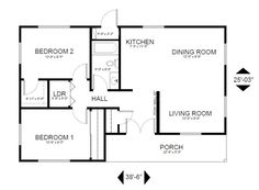 the floor plan for a two bedroom, one bathroom apartment with an attached living room