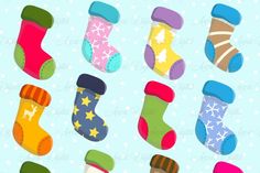 a bunch of socks that are on a blue background with snowflakes and stars