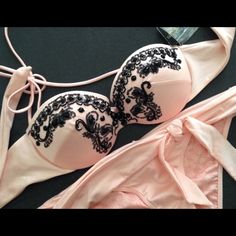 Brand New Never Worn. Size 34b Pink With Black Beading Elegant Pink Swimwear For Beach Season, Elegant Pink Underwire Swimwear, Feminine Pink Underwire Swimwear, Elegant Stretch Swimwear By Victoria's Secret, Elegant Victoria's Secret Stretch Swimwear, Victoria's Secret Pink Underwire Swimwear, Victoria's Secret Strapless Swimwear For Party, Elegant Pink Swimwear For Pool, Victoria's Secret Strapless Party Swimwear