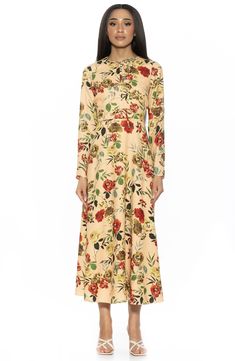 Delicate bows add darling detail to a modest long-sleeve dress featuring a midi-length skirt and bright blossom print. 52 1/4" length (size 2) Hidden back zip closure Long sleeves 100% polyester Machine wash, line dry Imported Modest Fitted Floral Dress For Spring, Modest Long Sleeve Floral Print Maxi Dress, Modest Long Sleeve Floral Maxi Dress, Feminine A-line Maxi Dress For Fall, Modest Floral Dress For Spring, Modest Floral Print Dress For Fall, Modest Floral Dress For Fall Garden Party, Fall Garden Party Printed Dress, Modest A-line Dress With Floral Print