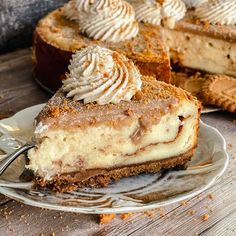 a slice of cheesecake on a plate with a fork next to it and another pie in the background