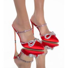 Backless Party Stilettos Pump Sandal -Red Style These With A Sexy Satin Mini Dress For A Sparkly Night Out Pointed Toe 4.5” Stiletto Heel Rhinestone-Embellished Strap Rhinestone Trim Rhinestone Bow Size: 7,7.5,8.5,9,10 Chic 4-inch Heel Sandals For Party Season, Chic Party Sandals With 4-inch Heel, Glamorous Sandals With 4-inch Heel For Party, High Heel Sandals For Cocktail Parties, Chic Sandals For Night Out Party Season, High Heel Sandals For Cocktail Party Season, Glamorous Sandals With Wrapped Heel For Party Season, Chic High Heel Sandals For Holiday, Pointed Toe Heels With Wrapped Heel For Party