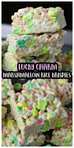 lucky charm marshmallow rice krispies are stacked on top of each other with sprinkles